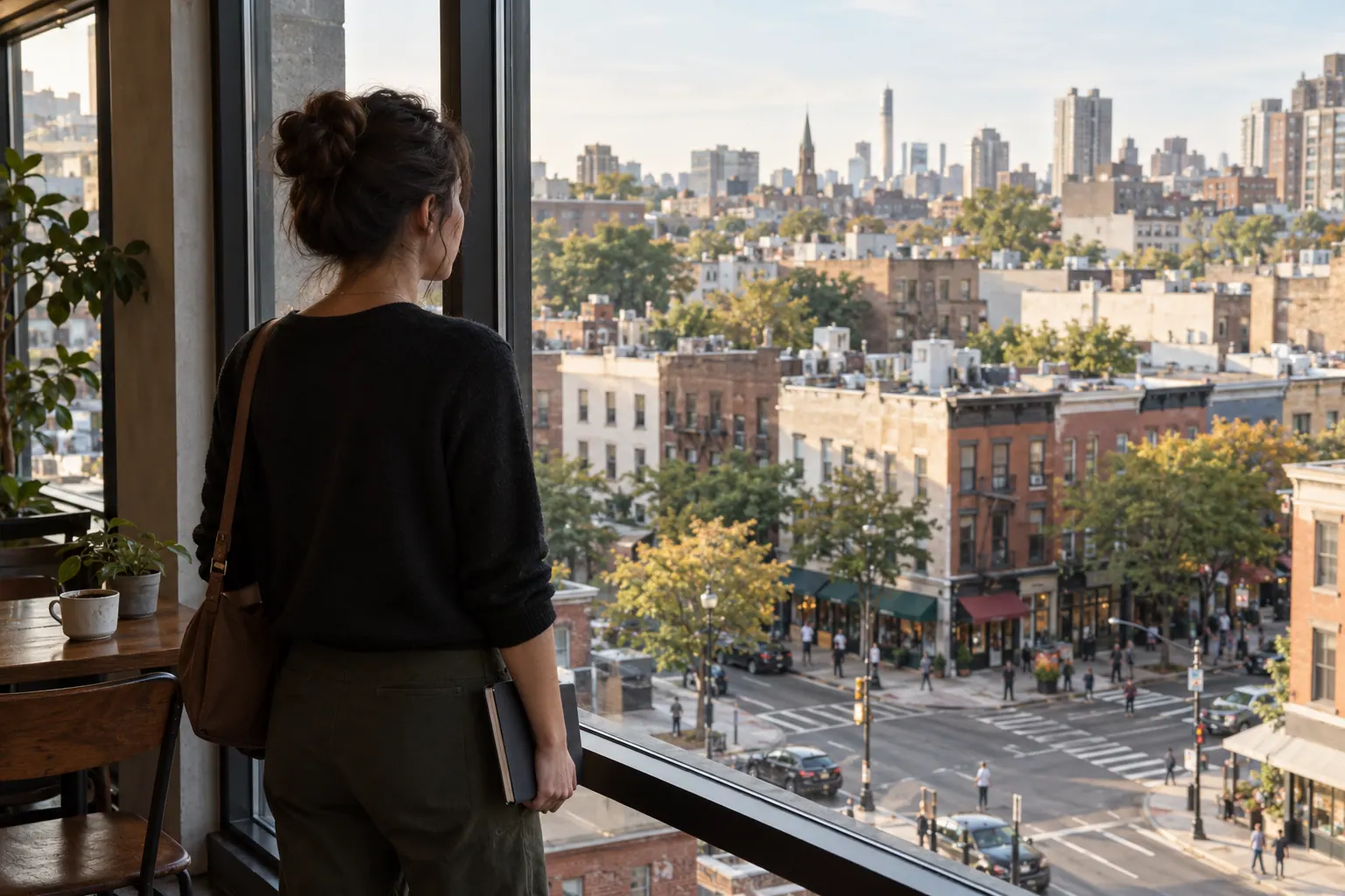 A freelance researcher surveys a city neighborhood from a café window, holding a notebook as the storefronts and side streets come into view.