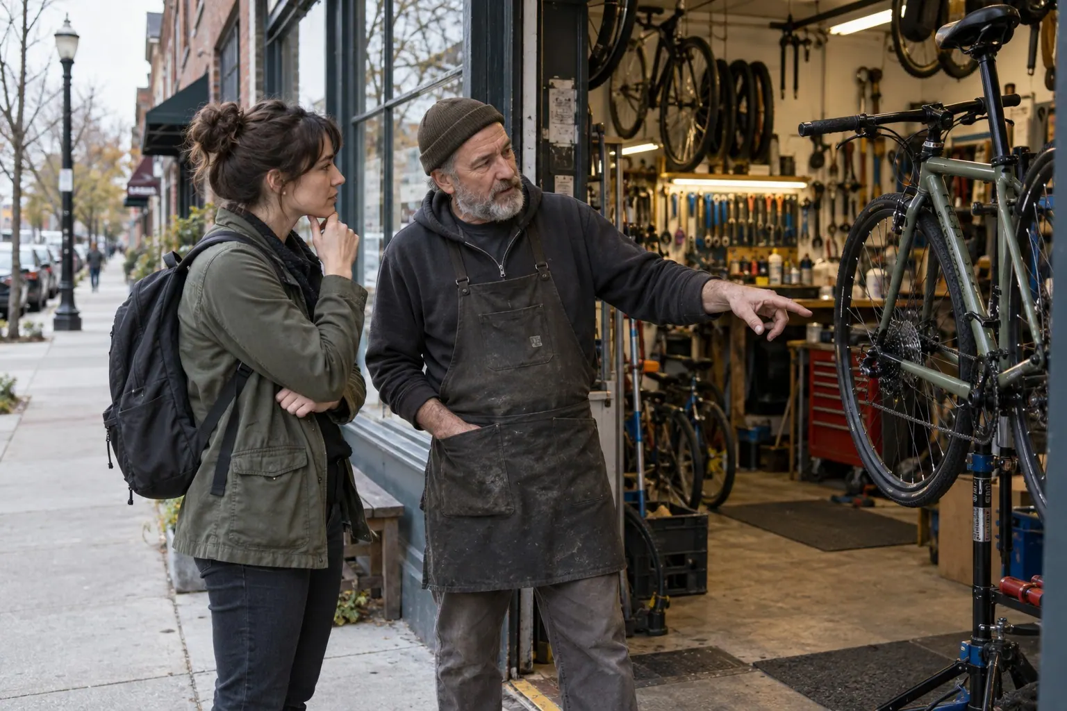 A freelancer listens as a neighborhood shop owner explains a service and points toward a product display.