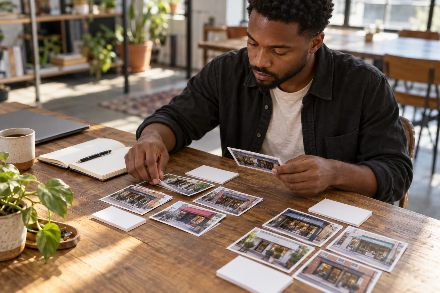 A freelancer reviews private notes and blank cards while organizing observations at a desk.