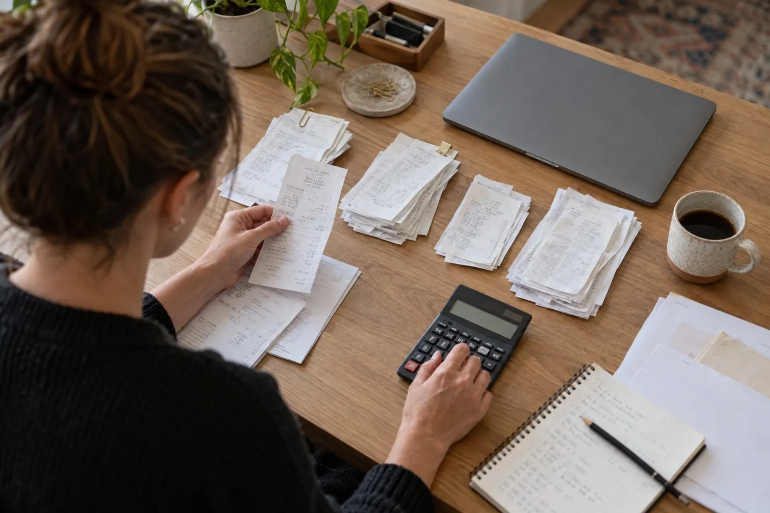 An agency owner sorts receipts and provider invoices beside a calculator while preparing a monthly cost worksheet.