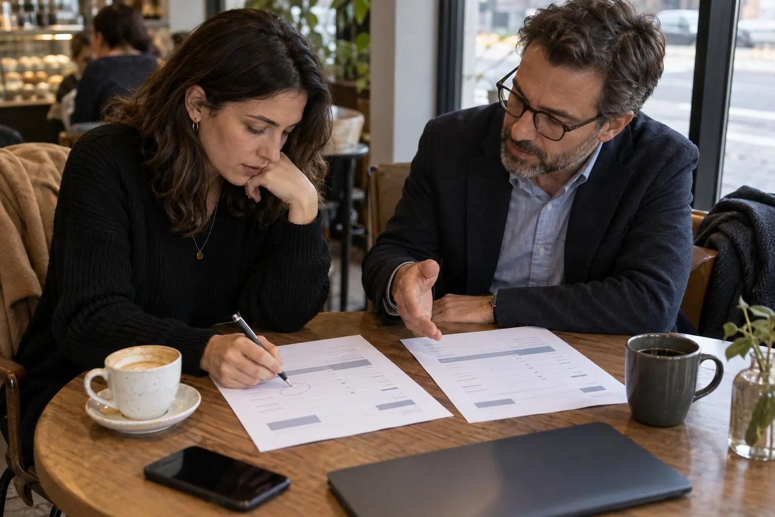 Two agency owners review a plain-language software proposal and monthly service costs together at a café table.