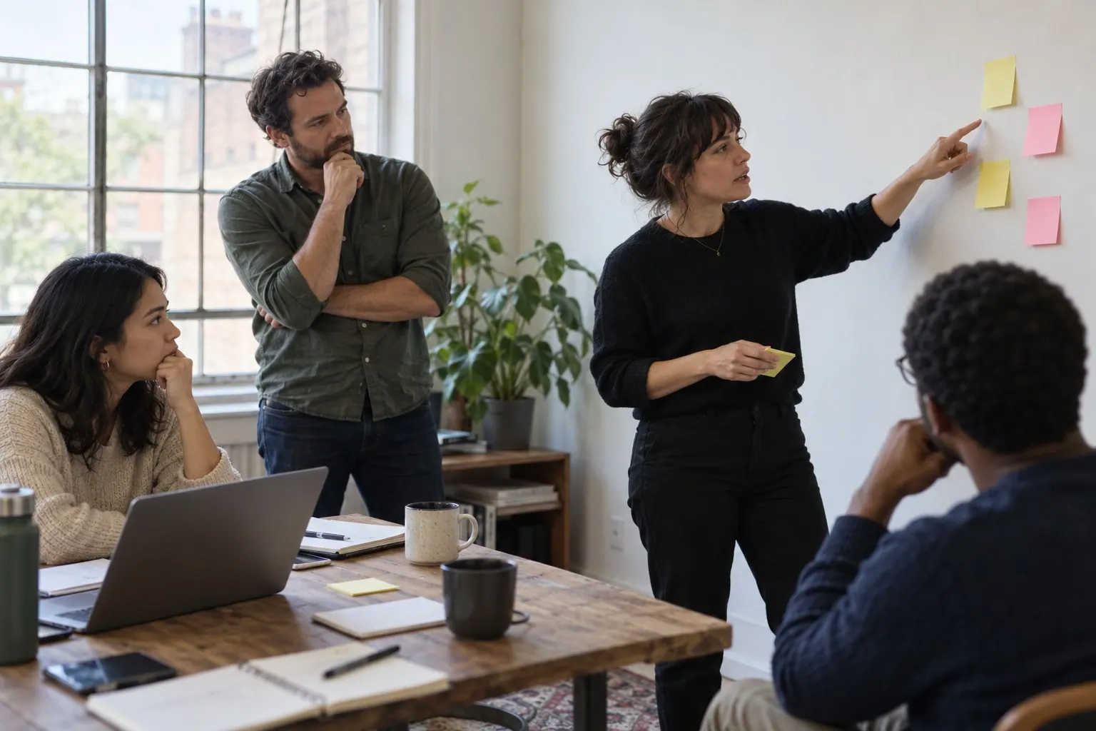 small campaign team discussing launch risks and stop conditions before a test