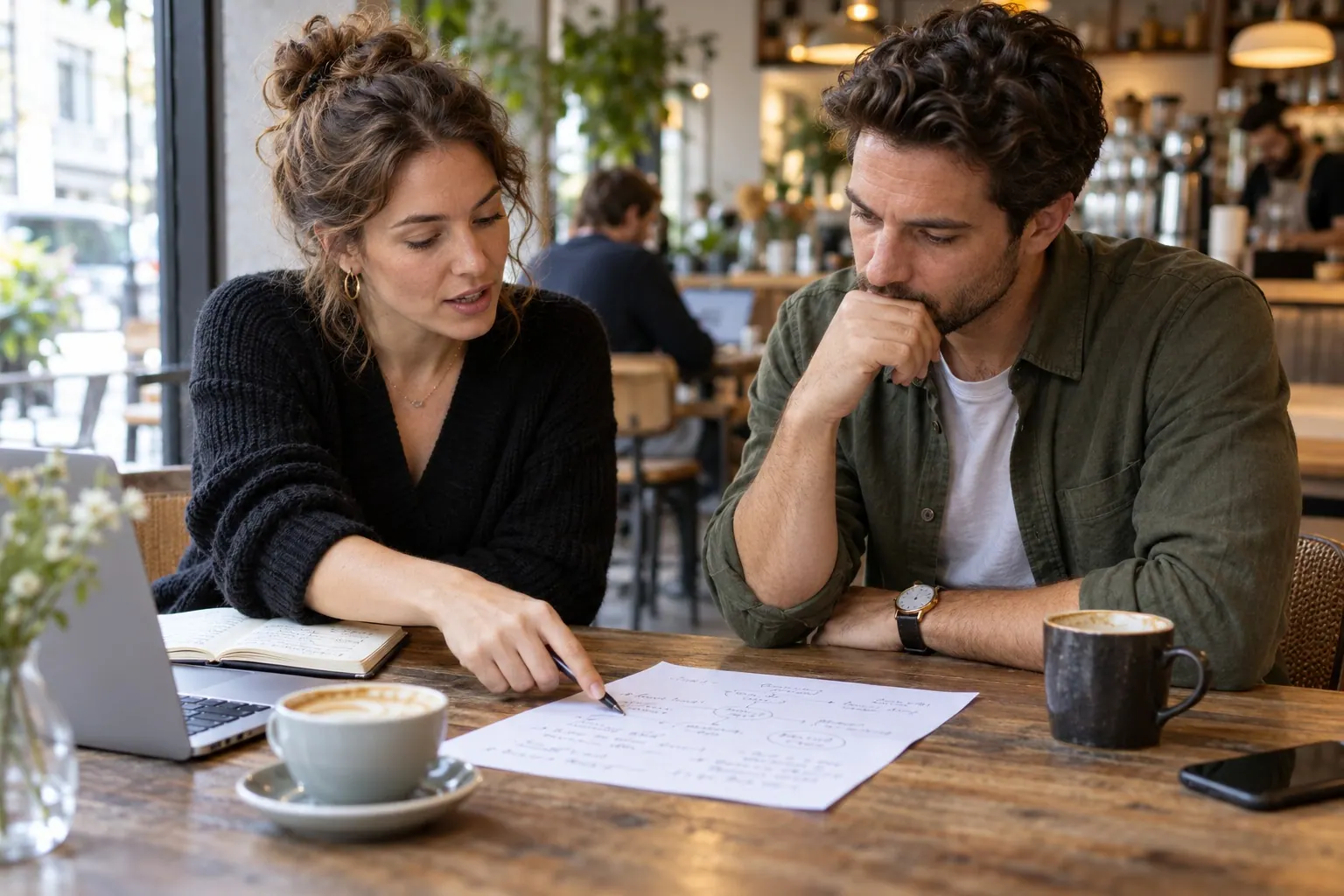 two online-business operators reviewing a campaign decision memo before funding a test