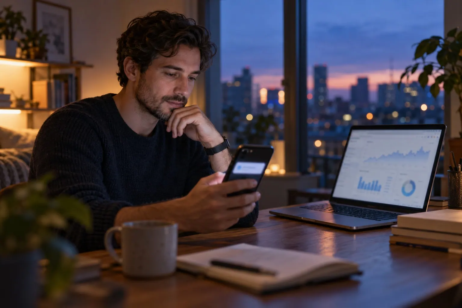 A campaign operator reads an after-hours KPI notification while a laptop displays blurred performance charts.
