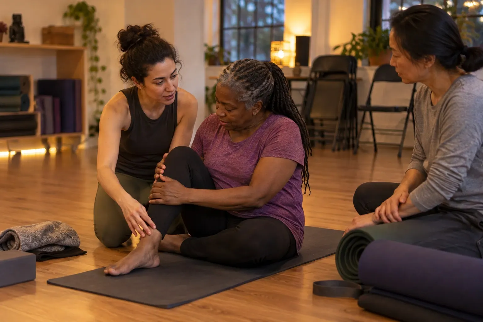 A community educator helps members after class in a neighborhood studio.