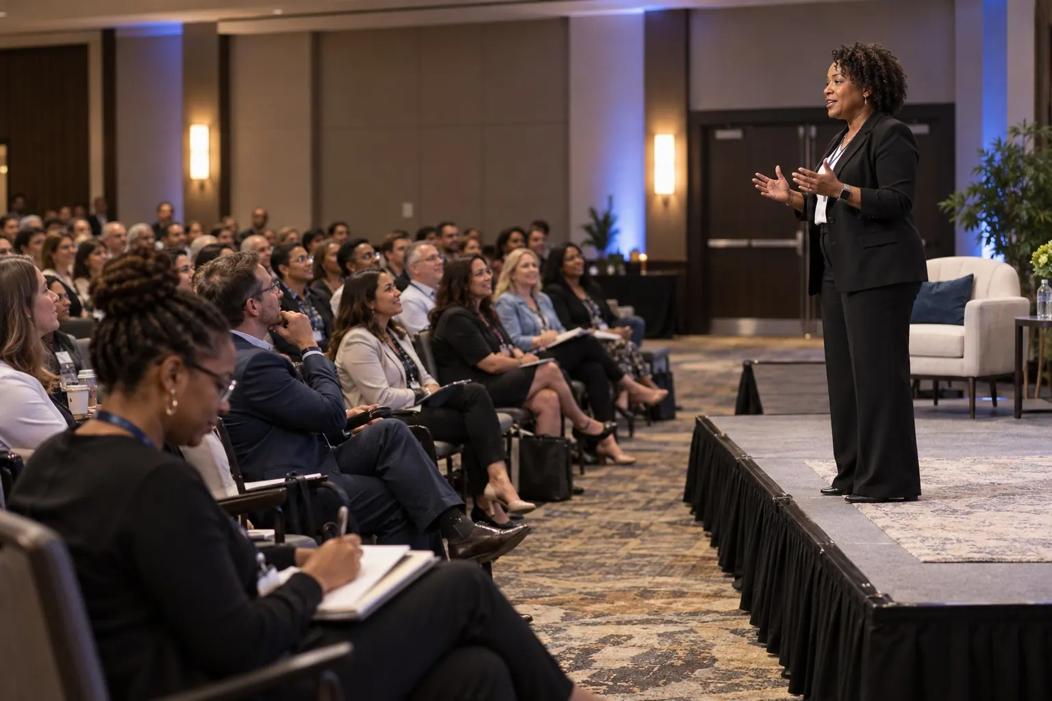 An experienced marketing speaker addresses an engaged industry-conference audience.