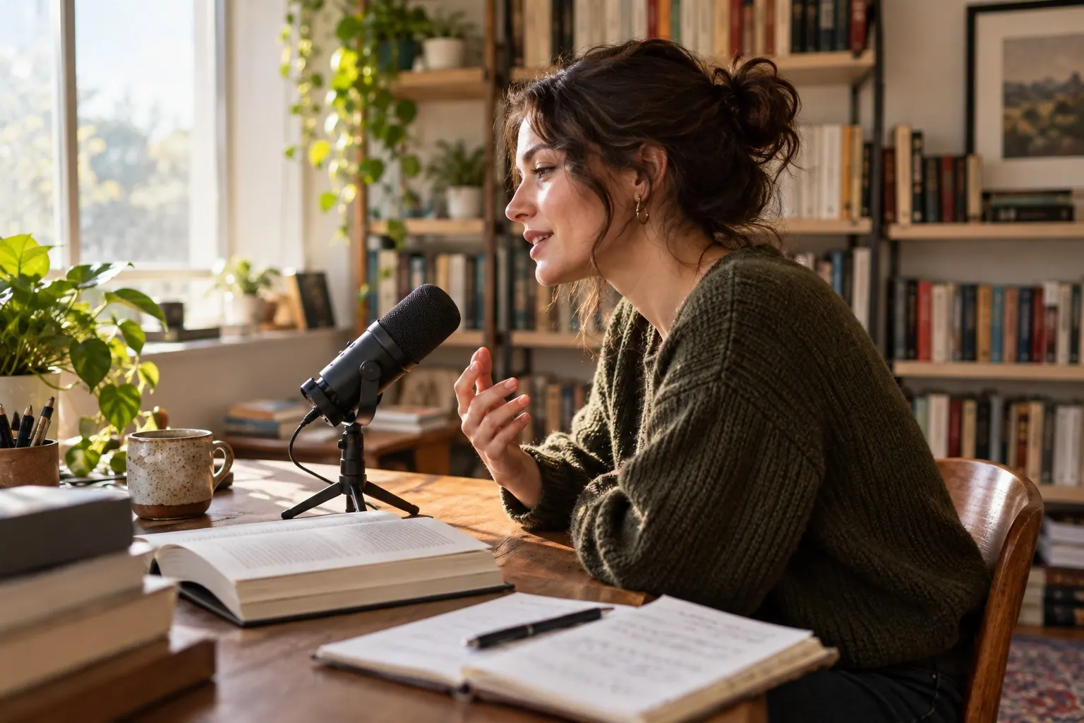 An independent publisher reviews notes and a product brief before recording a software recommendation.