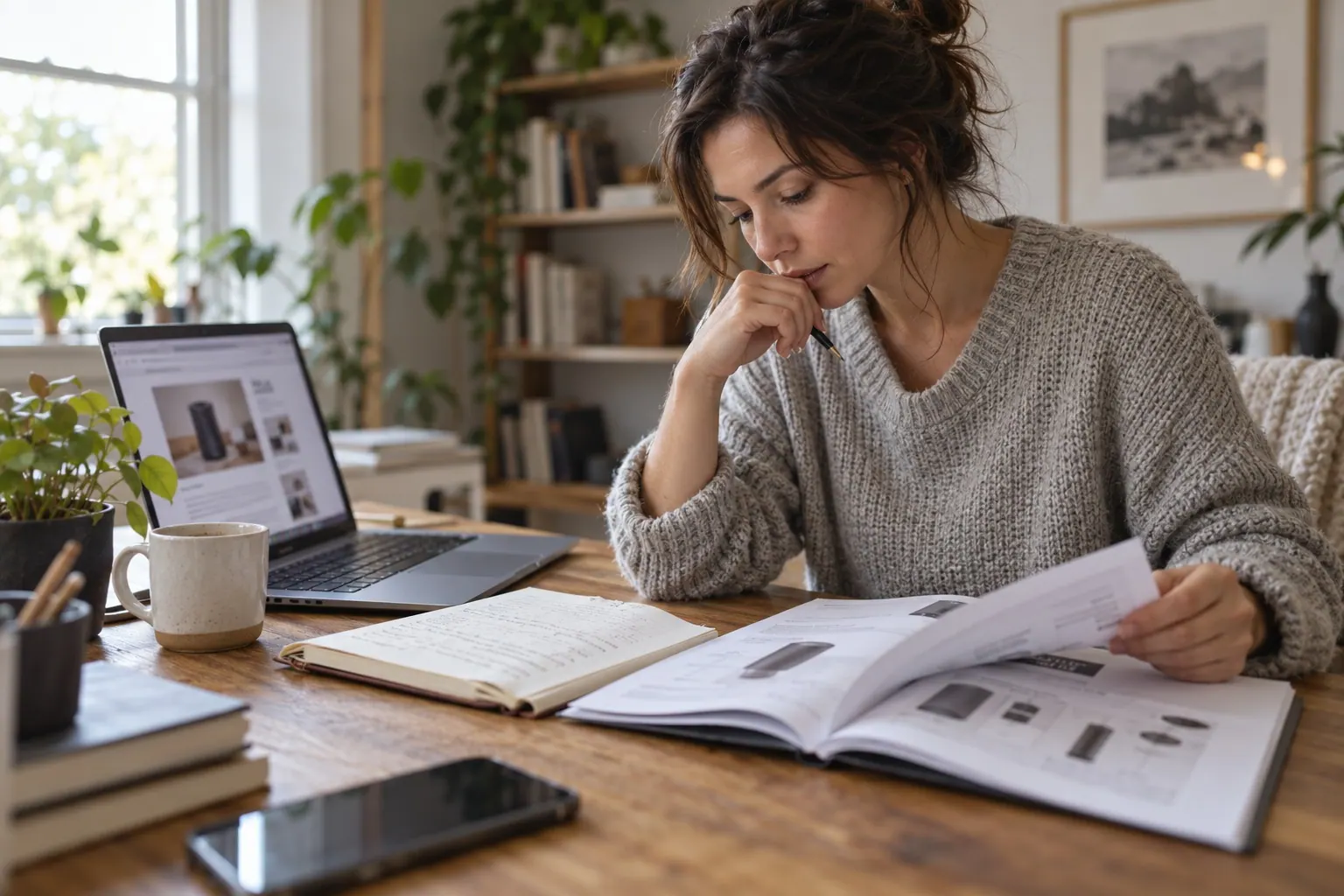 independent writer researching a product category and preparing useful organic content at a home studio desk