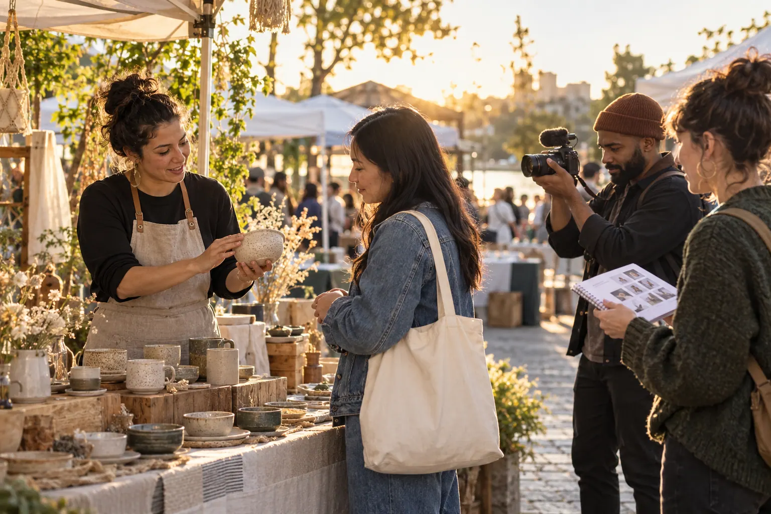 local maker demonstrating a product to a customer as a creator documents the exchange at an outdoor market