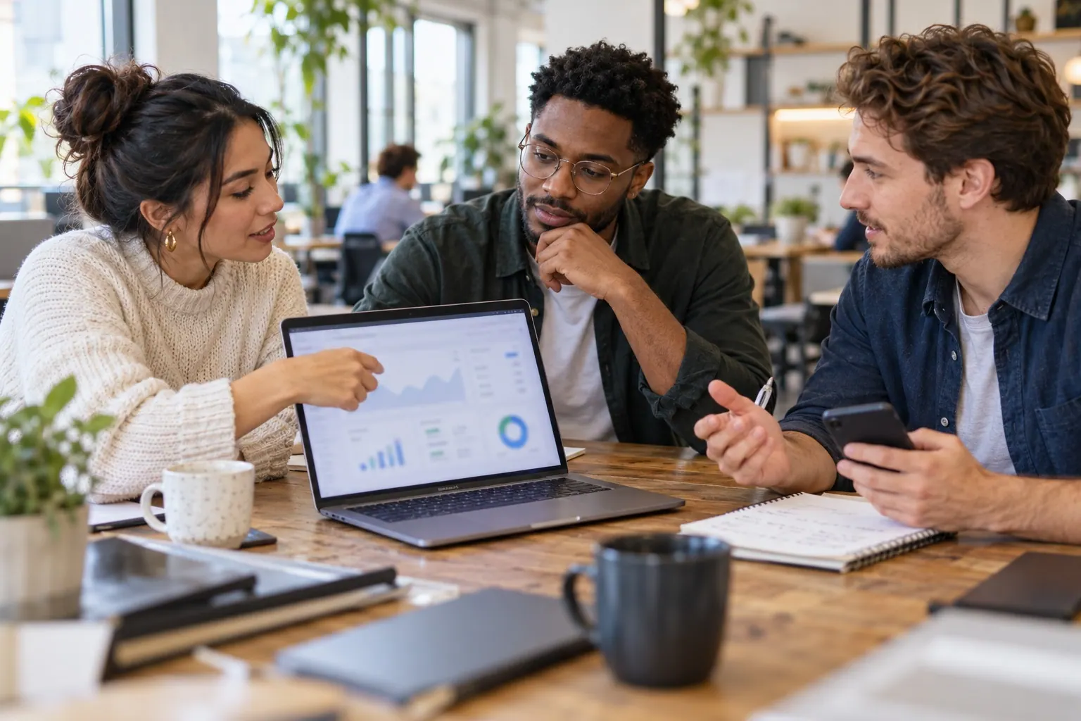 small affiliate marketing team reviewing channel handoffs and a softly blurred campaign report together