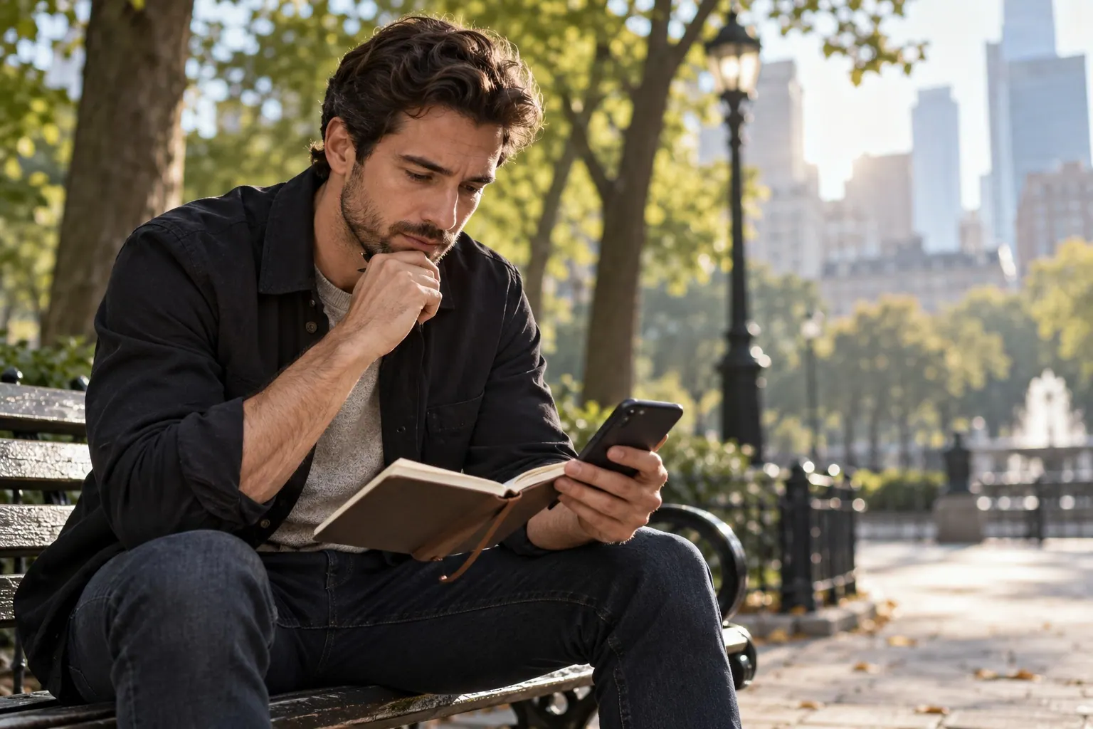 affiliate publisher reviewing notes on a park bench after a campaign test before deciding the next step