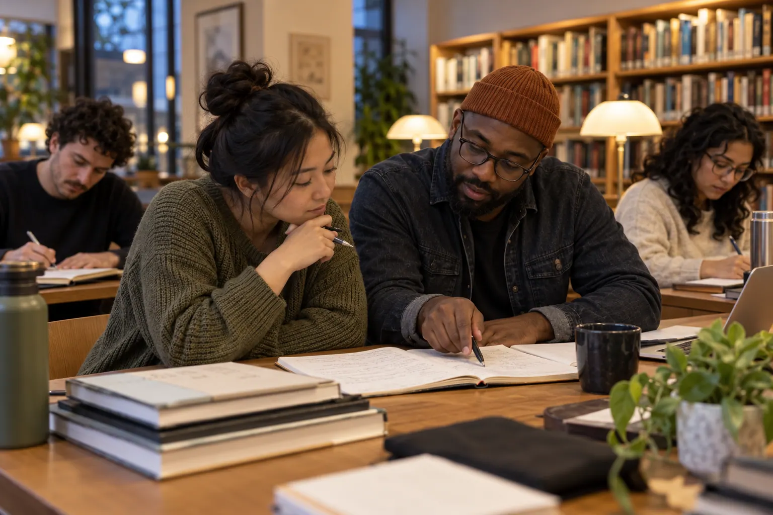 mentor helping a beginner review a campaign experiment log in a public library workshop