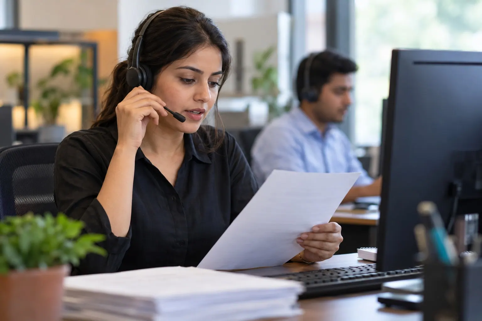 call-center representative speaking with a customer to confirm an order