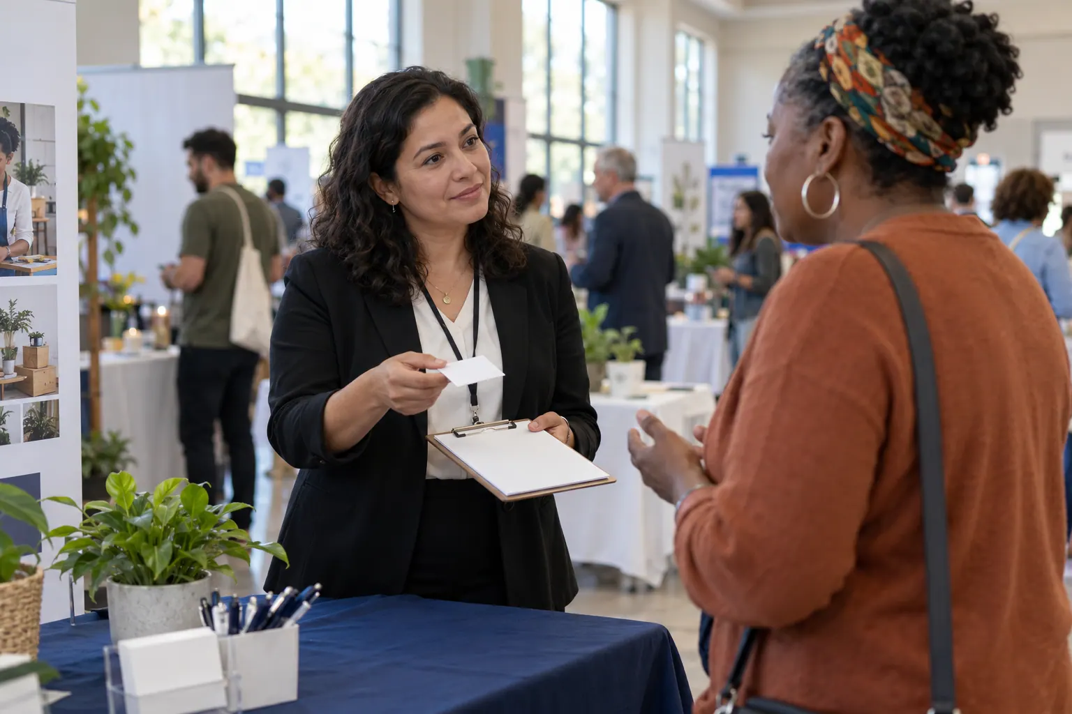 A visitor asks a small-business advisor a question at a community entrepreneurship fair.