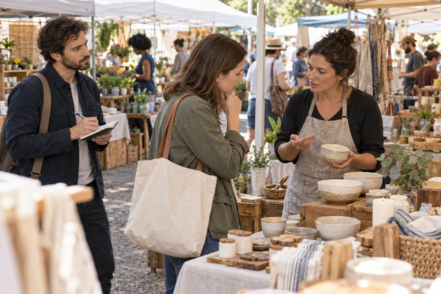 An affiliate publisher takes notes while a shopper asks a maker about a product at a local market.