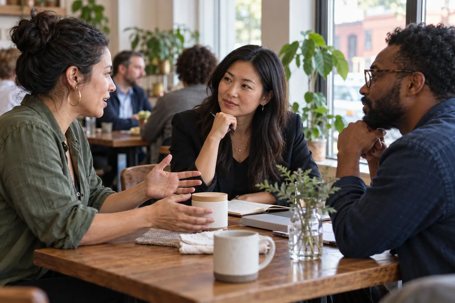 independent publisher discussing product and campaign fit with two small-business owners