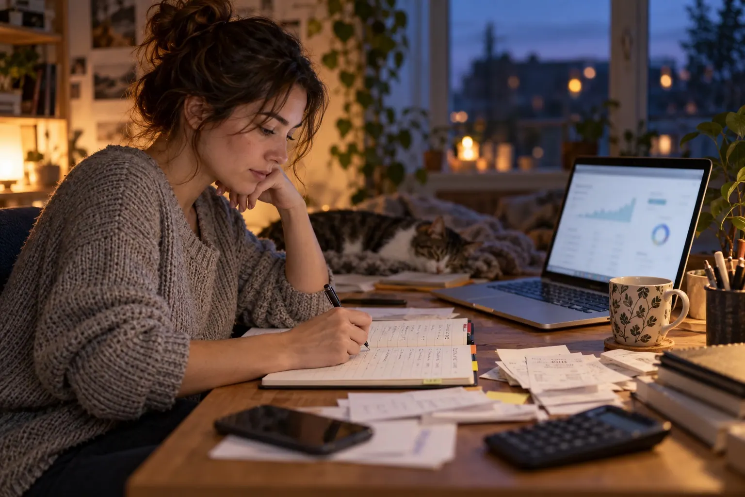 publisher reconciling commission statuses and monthly operating expenses at home
