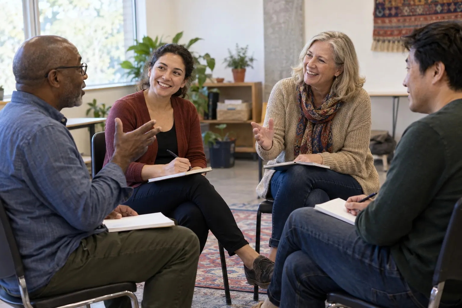 Adult learners practice a language together during a small-group class.
