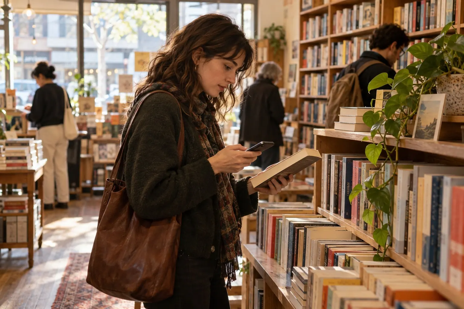 A newsletter writer browses books in a neighborhood bookstore.