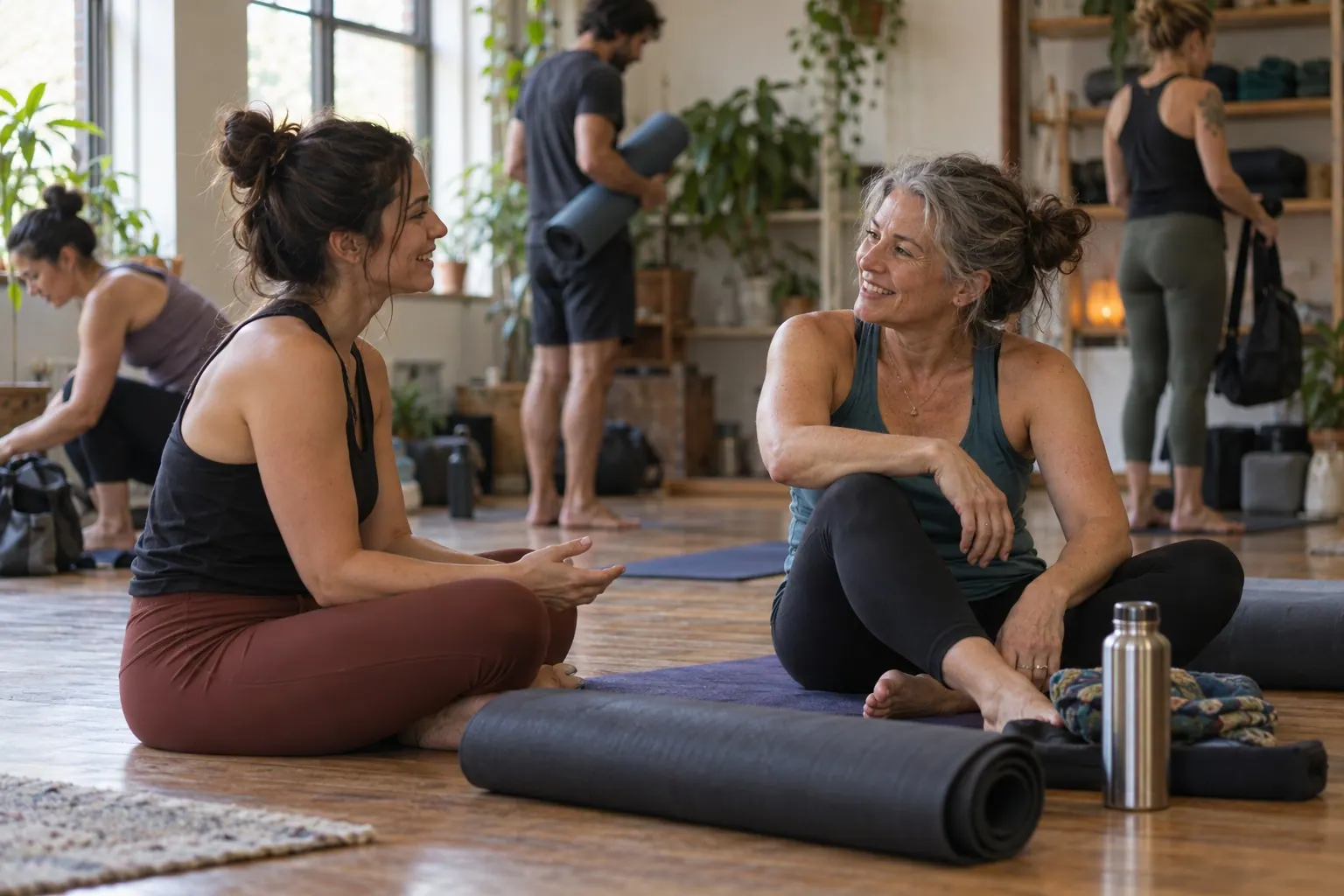 A fitness instructor and a member talk after class in a real community setting.