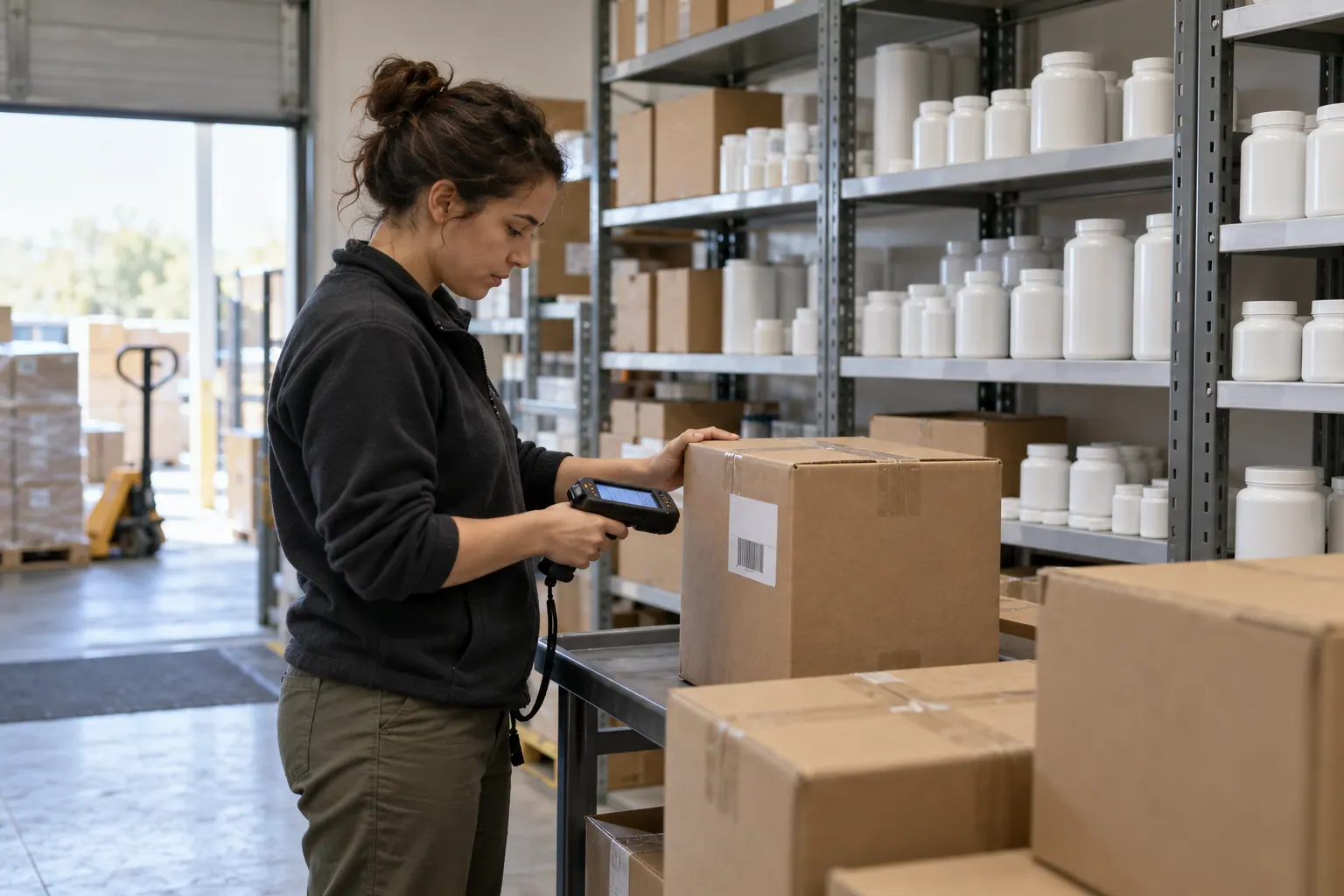 An inventory coordinator verifies an unbranded shipment against a product record in a stockroom.