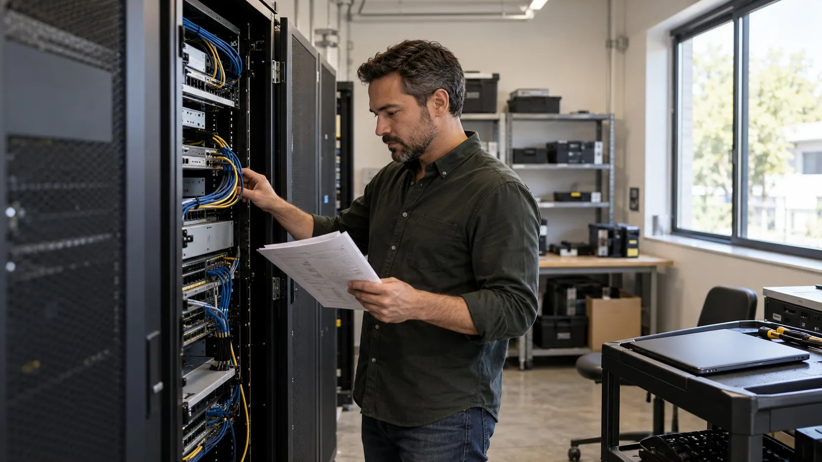 An operations specialist inspects network equipment and a deployment runbook in a small infrastructure room.