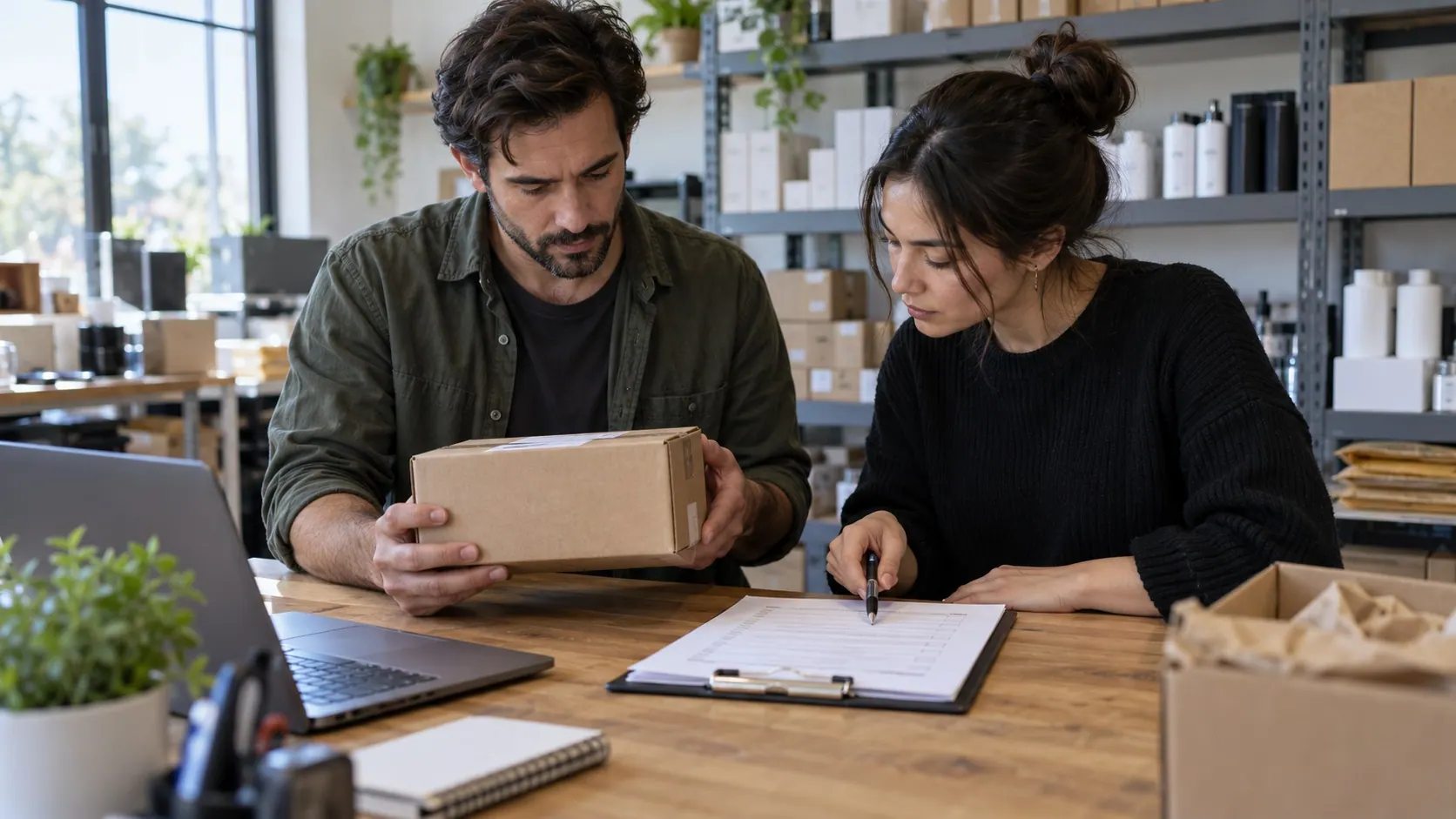 Two small-business operators verify a parcel and launch checklist in a fulfillment workspace.