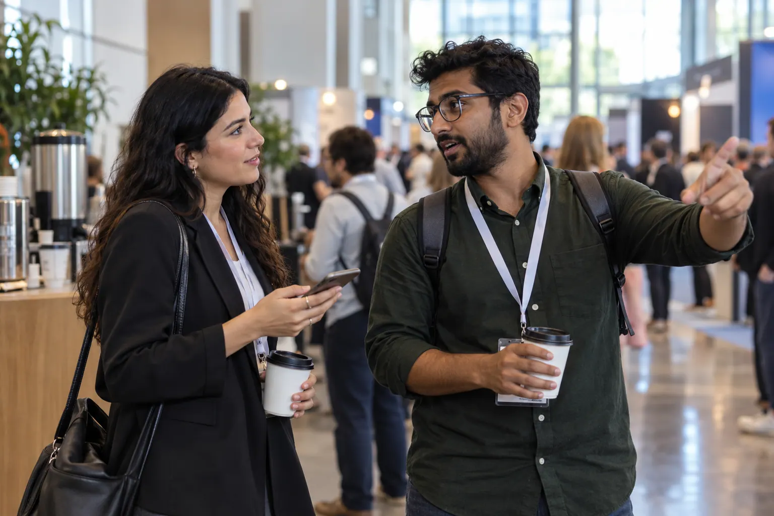 Two affiliate marketers exchange ideas at a crowded industry conference.