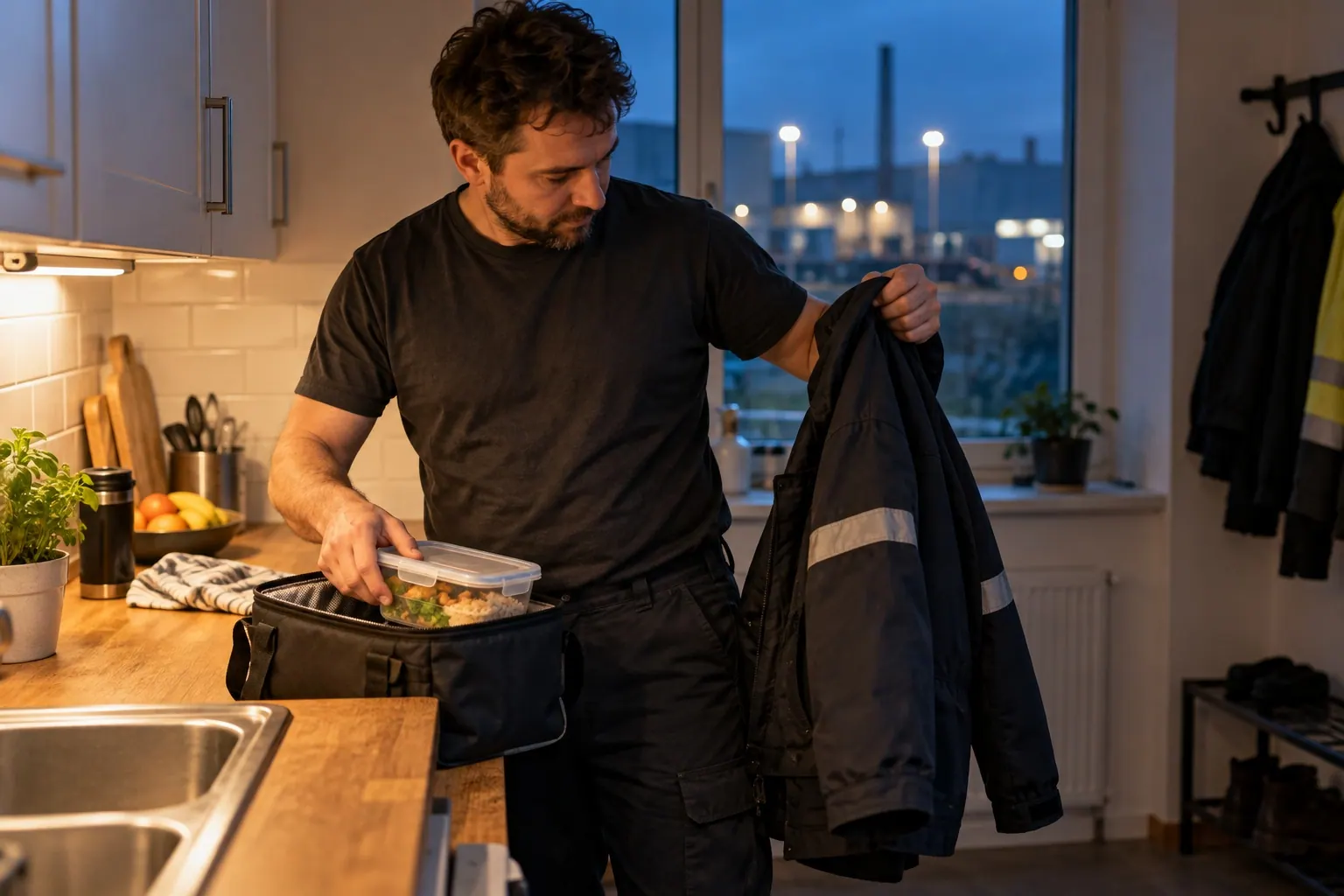 An adult warehouse worker packs lunch and checks a work jacket before leaving home for an evening shift.