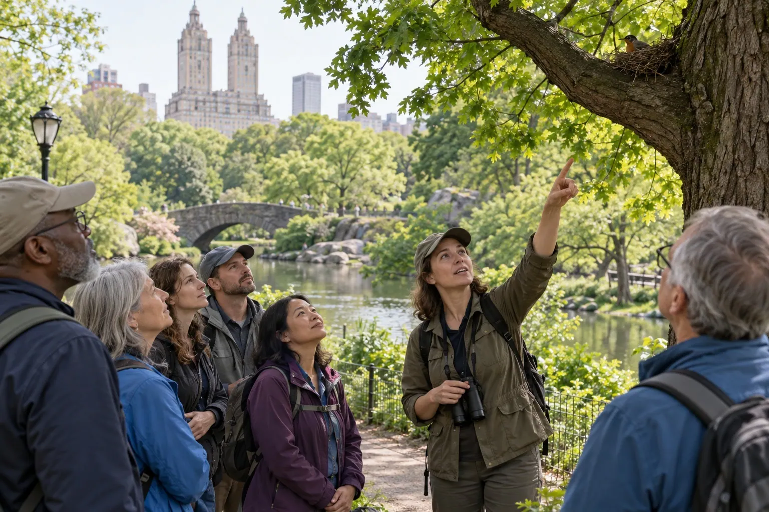 A guide points out a detail to a small group during an outdoor walk, while the group directs its attention toward the guide.