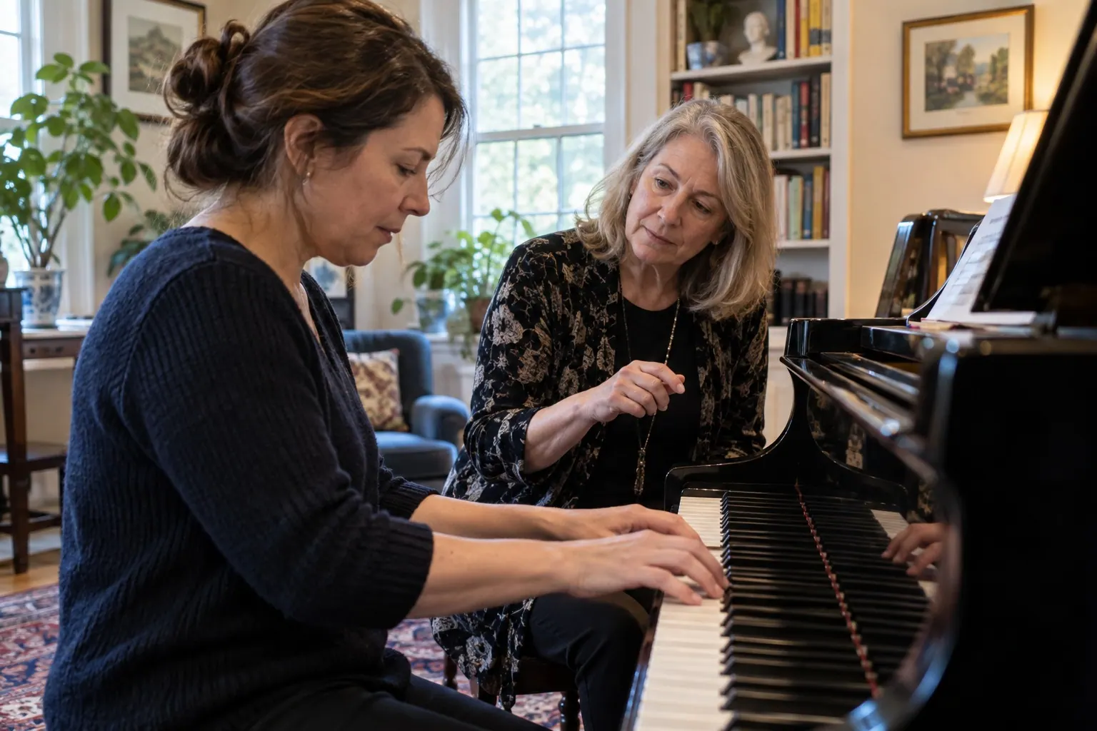 A piano teacher leans toward a seated learner and offers focused guidance during an individual lesson.