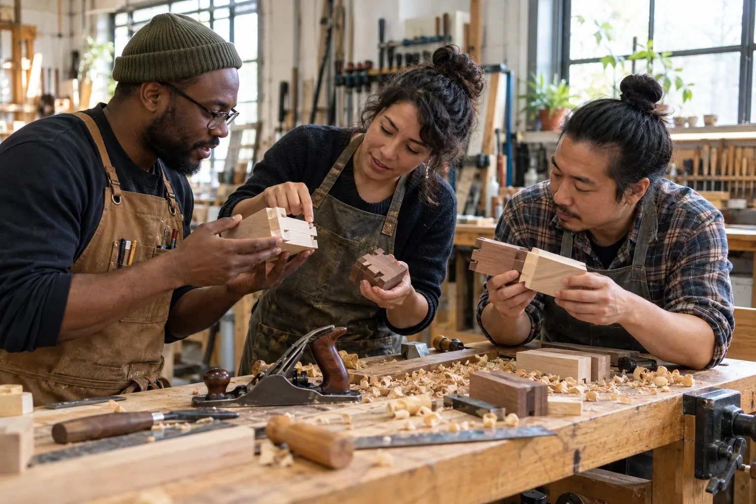 Three adult learners work together at a woodworking bench, comparing small pieces while one participant demonstrates a detail.