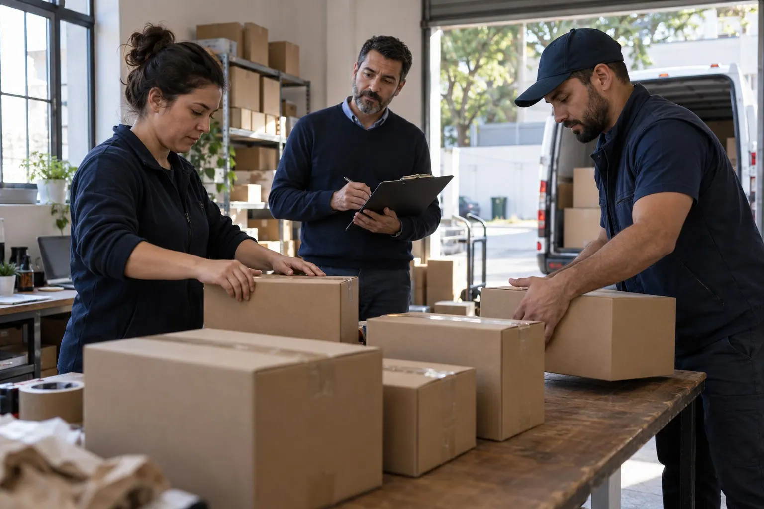 An affiliate operations manager reviews parcel preparation and delivery handoffs in a small fulfillment workspace.