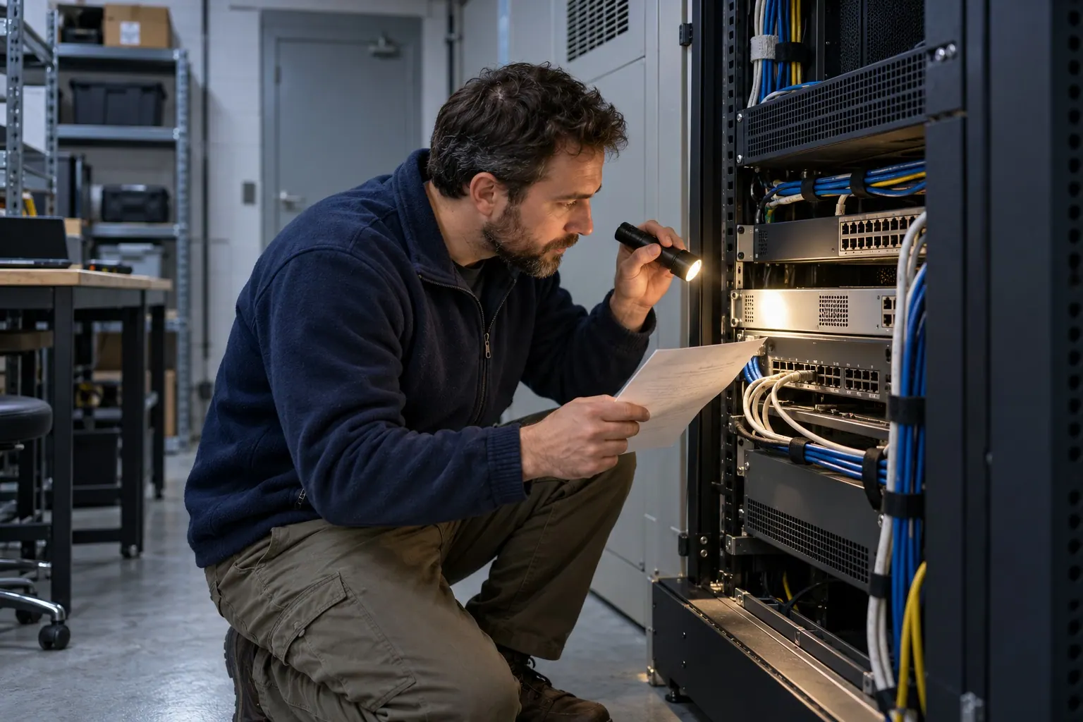 A platform operator inspects a server rack in a modest self-hosted operations room.