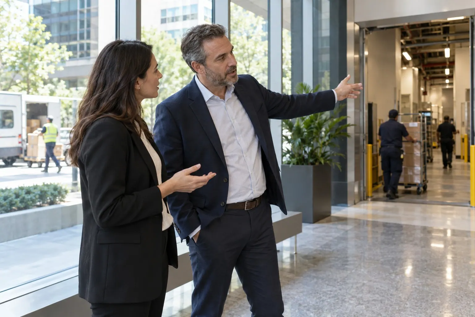 A freelance consultant and a business representative discuss an operational need during a walk-through of a commercial facility.
