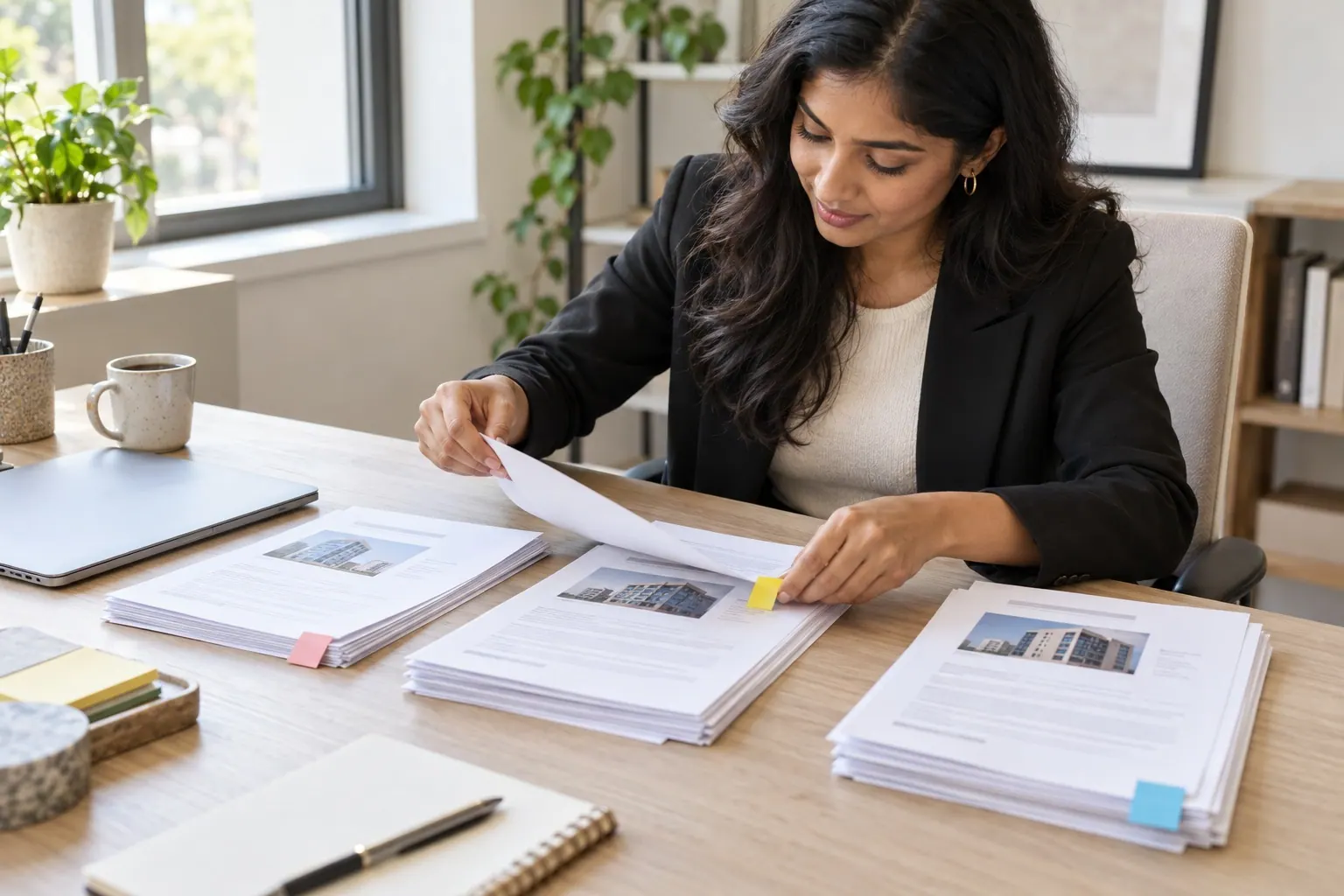 A freelancer reviews business materials and organizes a small number of private research notes at a desk.