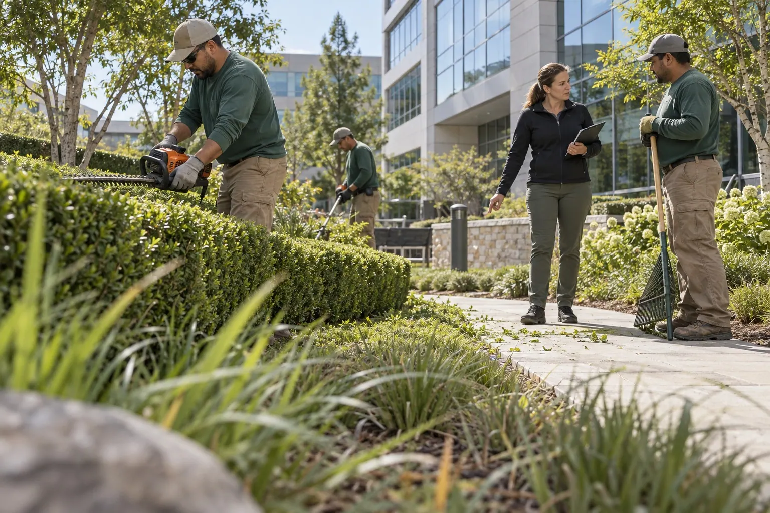 A landscaping supervisor reviews a work plan with a crew member at a commercial property.