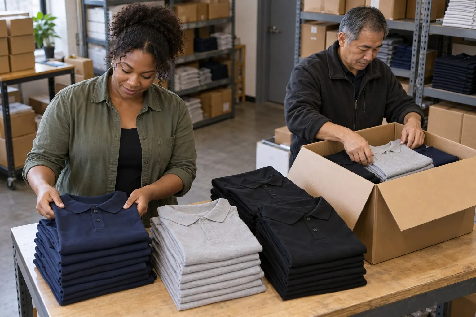A business owner and warehouse colleague sort folded polos into size bundles beside an open carton.