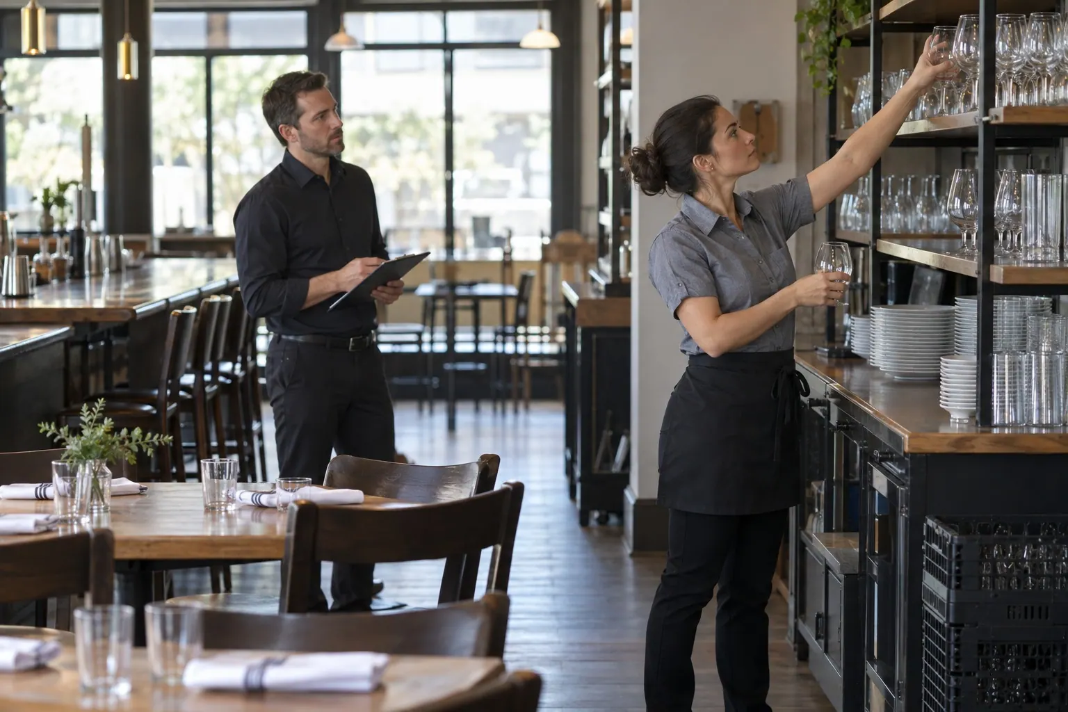 A restaurant employee tests the reach and fit of a sample work shirt with a consultant.