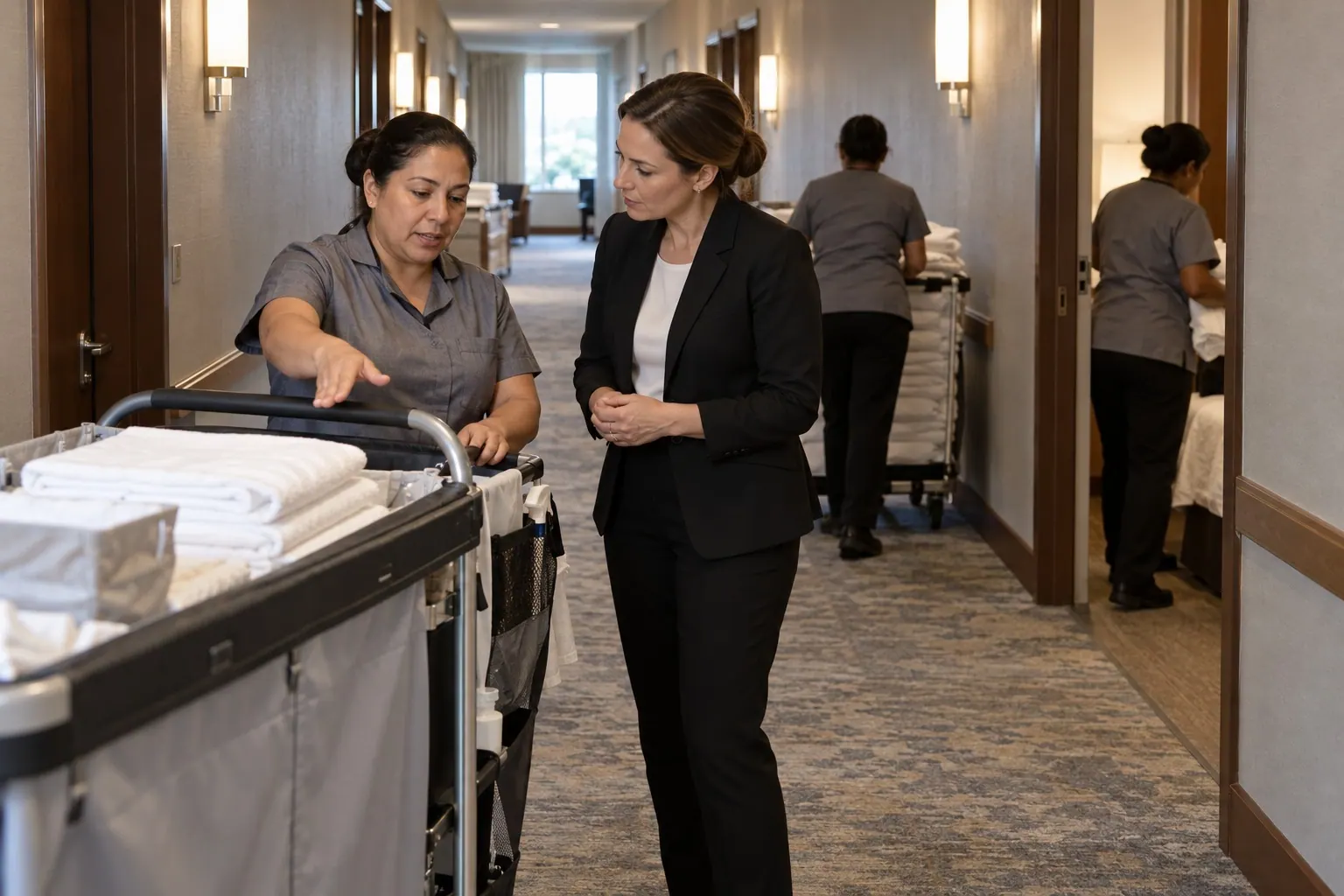 A uniform consultant listens to a housekeeping supervisor while staff work nearby.