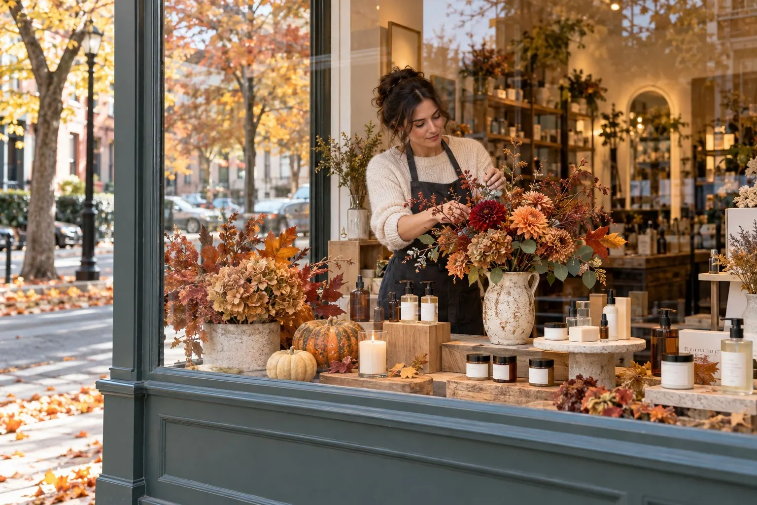 A boutique owner arranges an autumn beauty display with warm flowers in a neighborhood shop window.