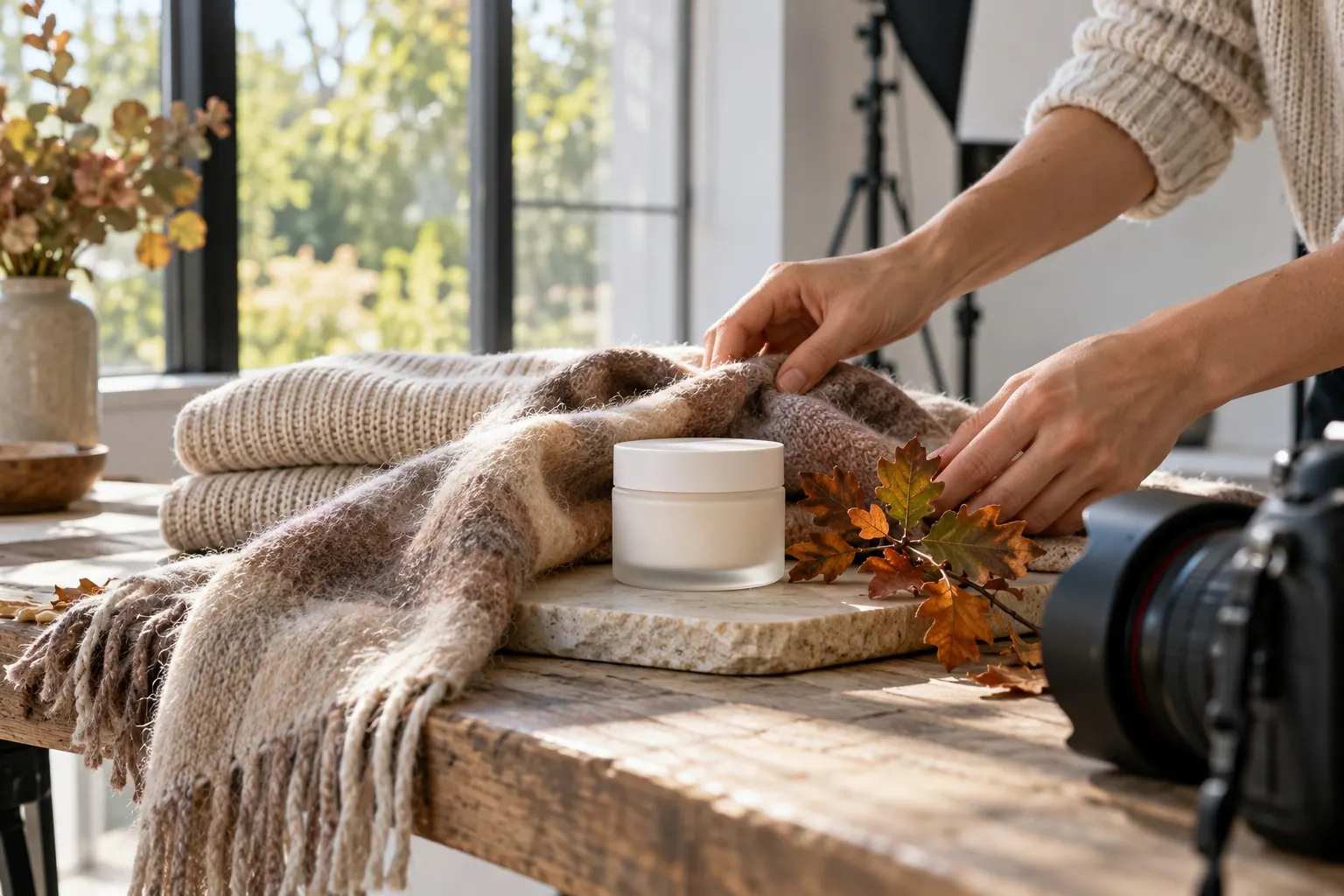 A photographer's hands arrange a plain moisturizer with knit fabric and autumn leaves for a winter skincare shoot while late-summer greenery shows outside.