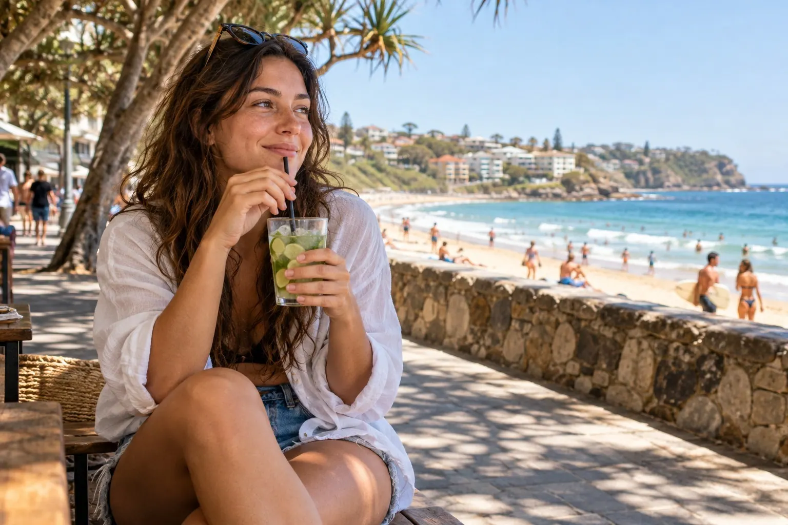 A woman enjoys a cold drink in the shade on a warm coastal promenade with summer beachgoers in the background.