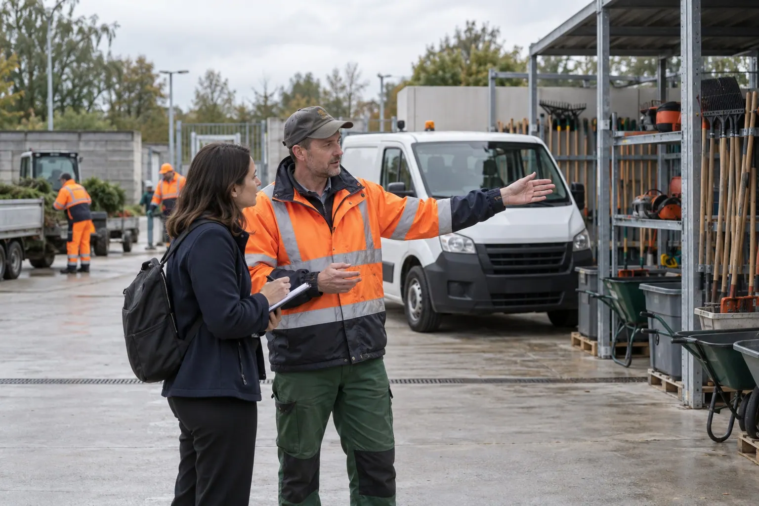 A freelance researcher speaks with a service supervisor outside a commercial maintenance depot.