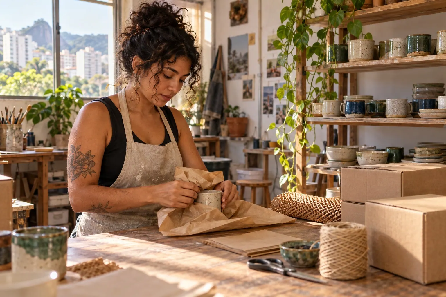 A Brazilian ceramic maker carefully wraps a handmade mug in a compact workshop before preparing it for delivery.