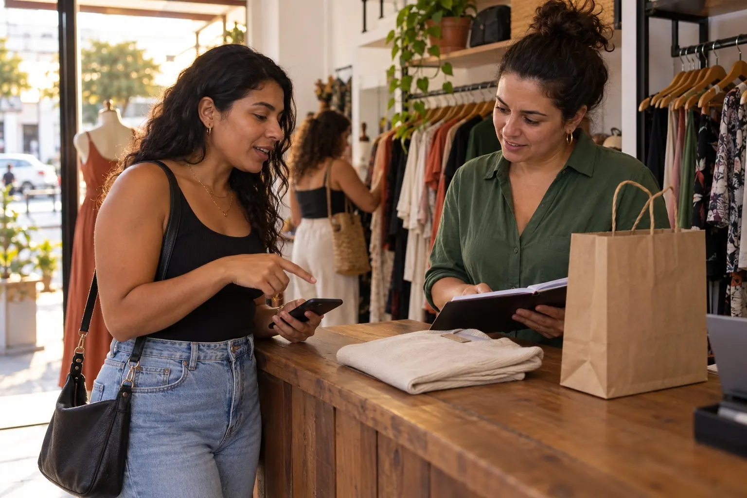 A customer shows a product on her phone while discussing a purchase with the owner of a neighborhood clothing boutique.