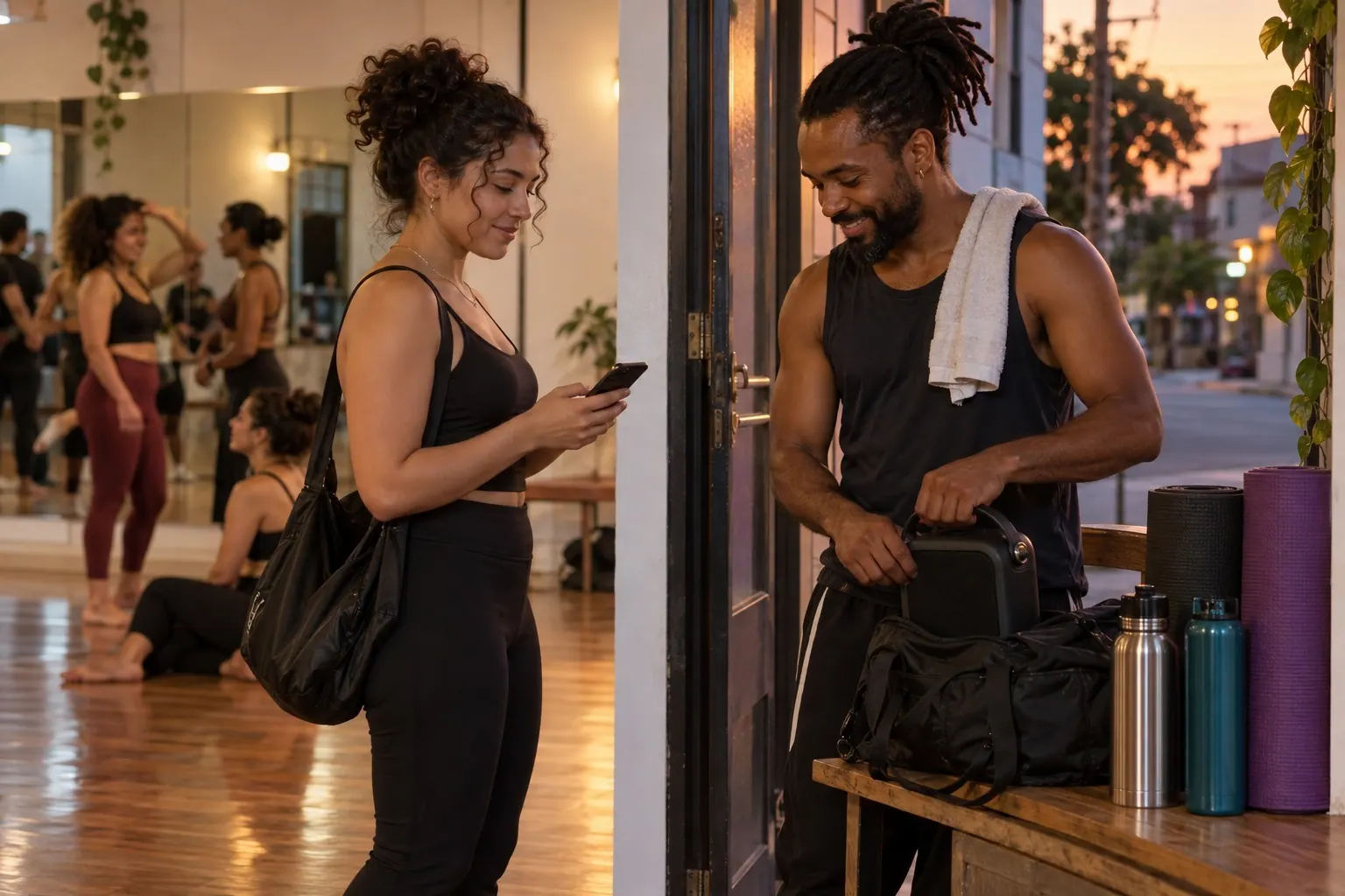 A fitness instructor and client talk after a class, with the client holding a phone near the studio entrance.
