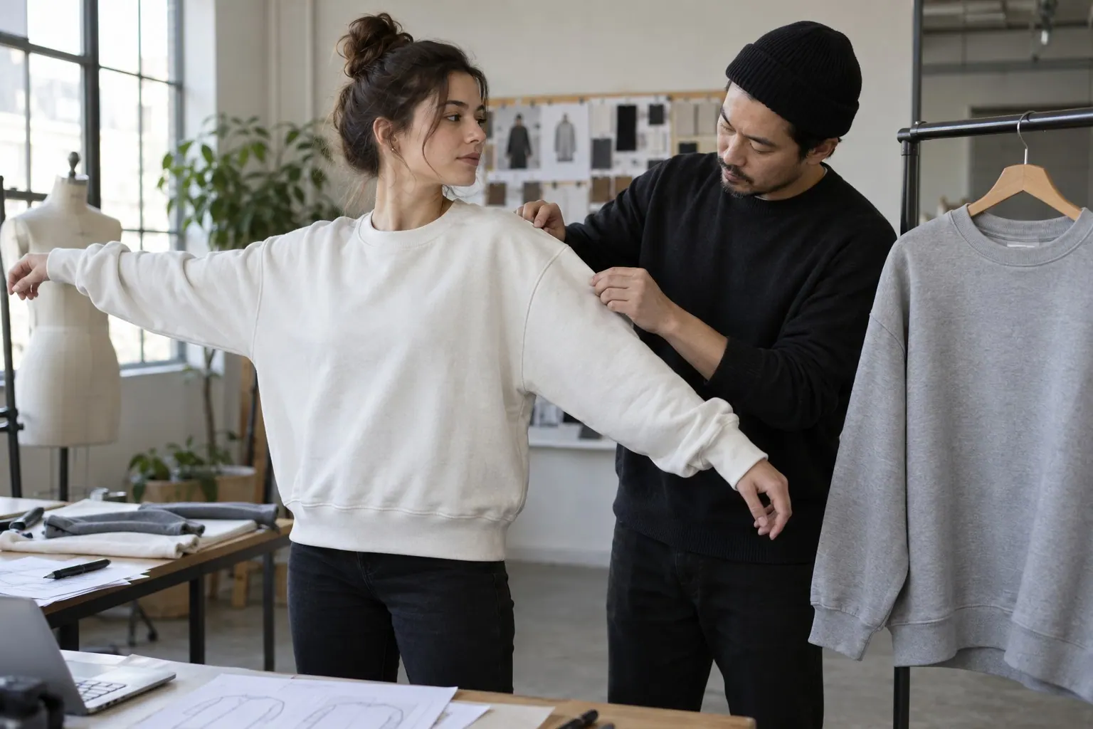 A creator and designer inspect the drape and stitching of plain sweatshirts on a studio worktable.