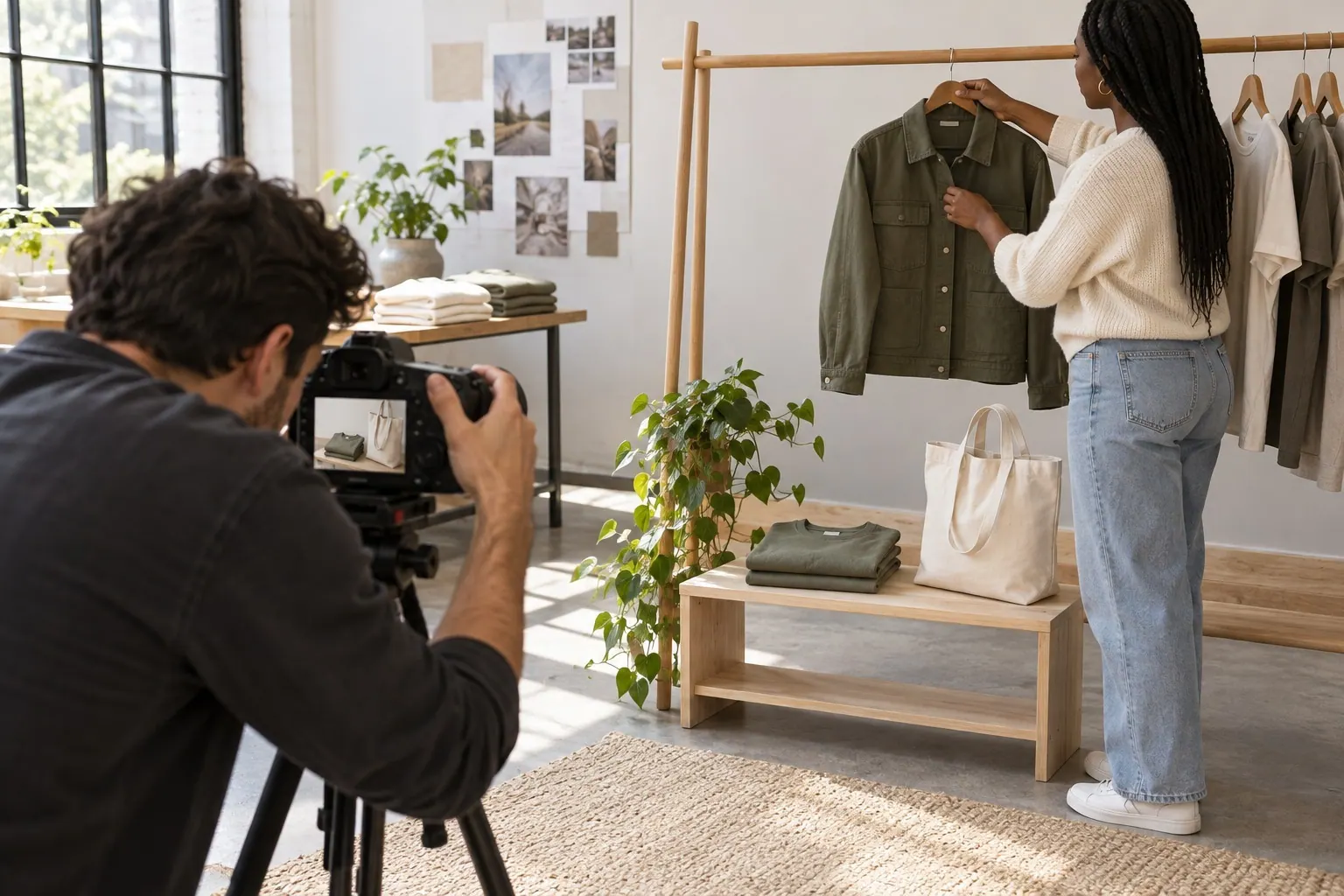 A creator and photographer arrange a small apparel collection on a rail and display shelf.