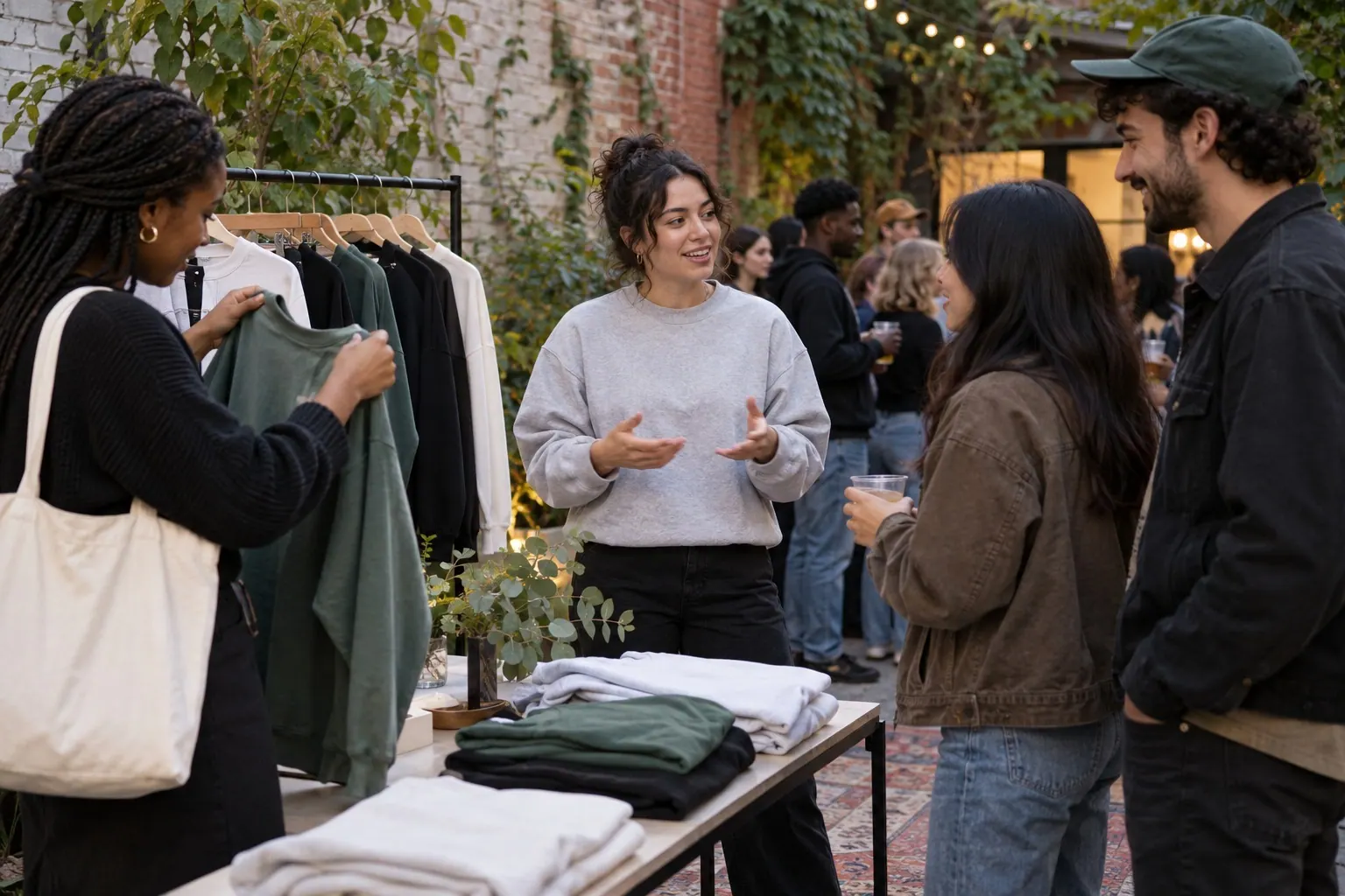 A creator talks with supporters beside a small apparel display at a neighborhood gallery gathering.